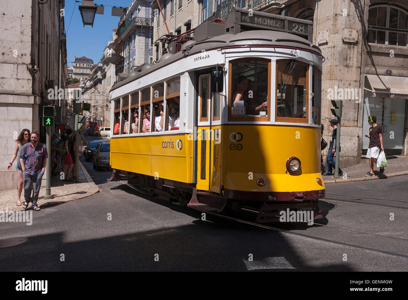 The famous number 28 tram route, mid-route near Praca do Commercio, in Lisbon, Portugal. Stock Photo