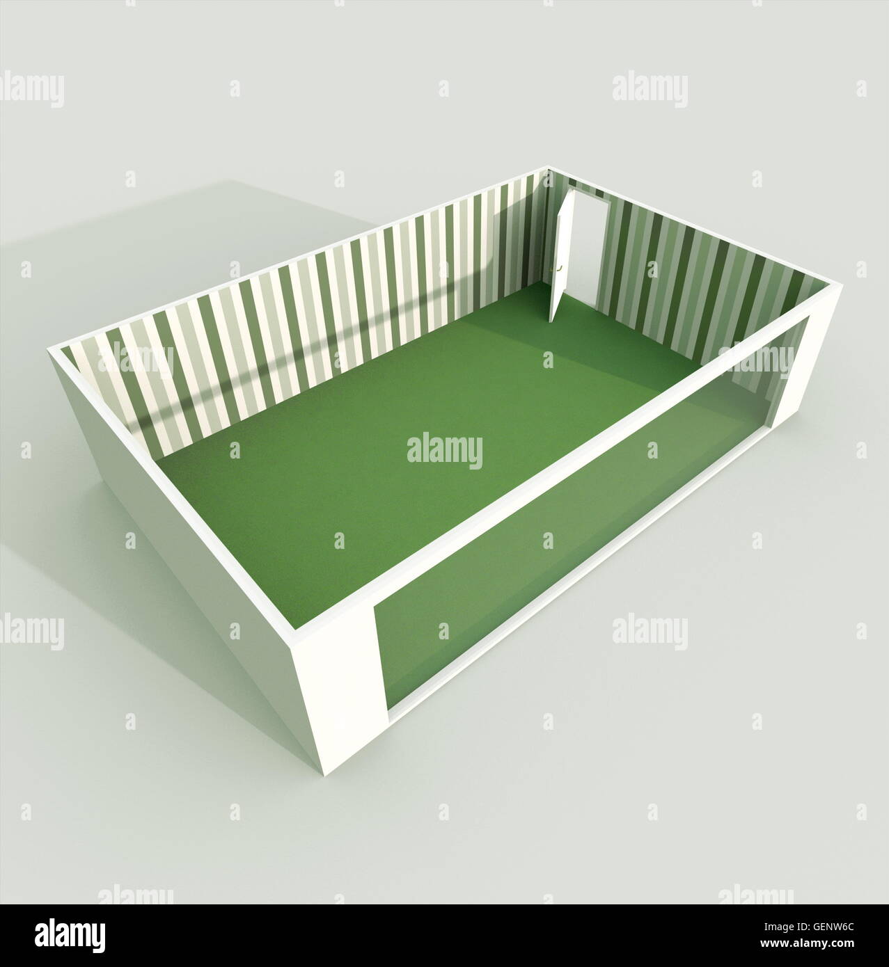 3d Interior Rendering Perspective View Of Empty Room Apartment With Green Floor Material And Striped Wallpaper Stock Photo Alamy