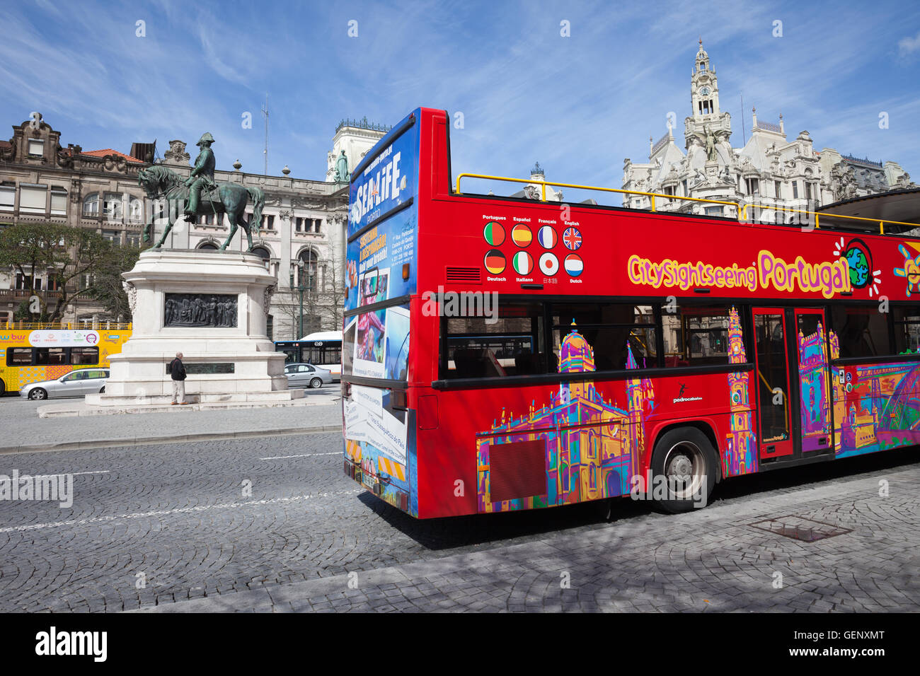 Porto, Portugal, hop-on hop-off city sightseeing tour buses at Praca  Liberdade avenue in city centre, monument to King Pedro IV Stock Photo -  Alamy