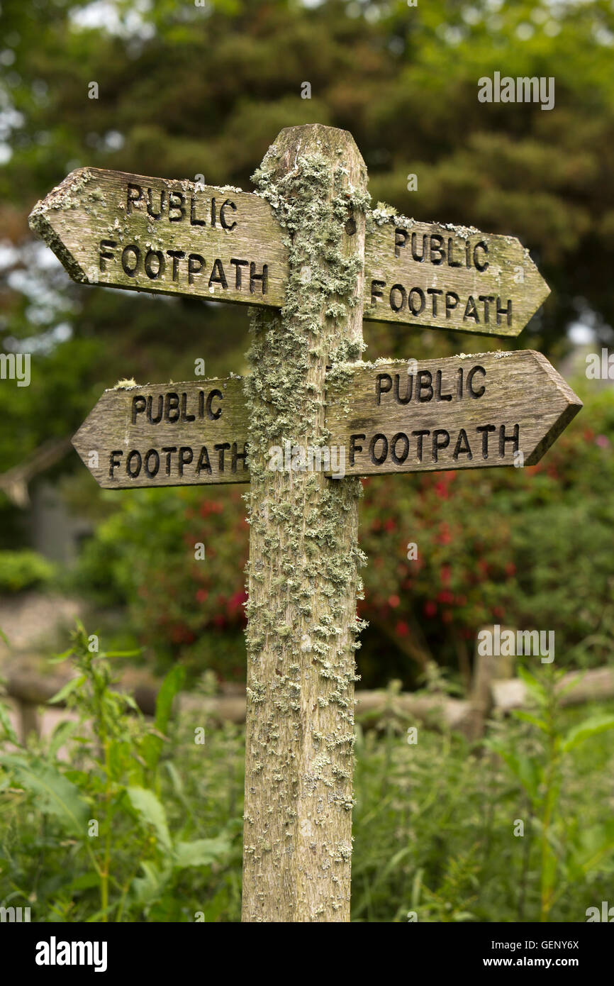 UK, England, Devon, Sidmouth, Salcombe Hill, lichen covered public footpath sign Stock Photo