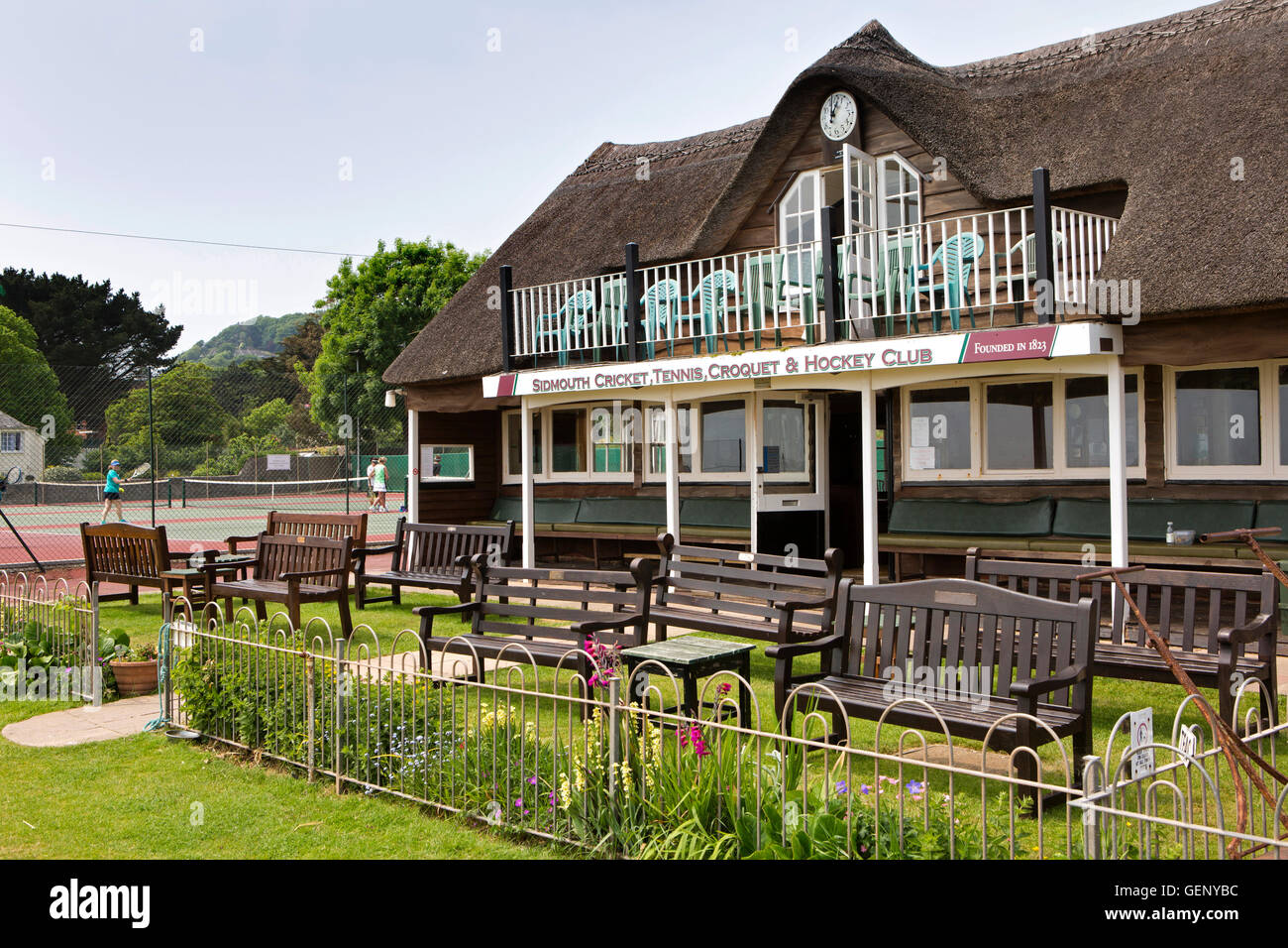 UK, England, Devon, Sidmouth, Fortfield, Thatched pavillion of Sidmouth Cricket, Tennis, Croquet & Hockey Club Stock Photo