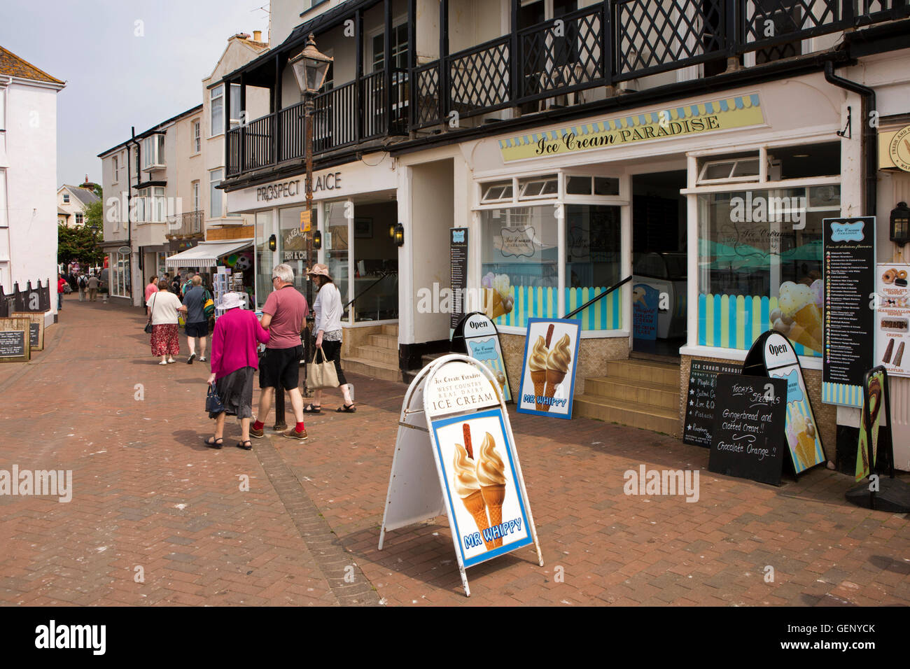 UK, England, Devon, Sidmouth, Prospect Place, Ice Cream and Fish and Chip shops near seafront Stock Photo