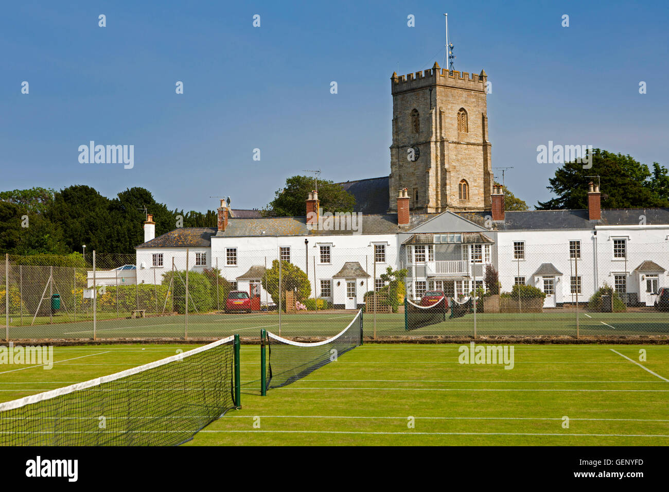 UK, England, Devon, Sidmouth, Coburg Pleasure Grounds, St Giles and St Nicholas Parish Church tower and Amyatt’s Terrace Stock Photo