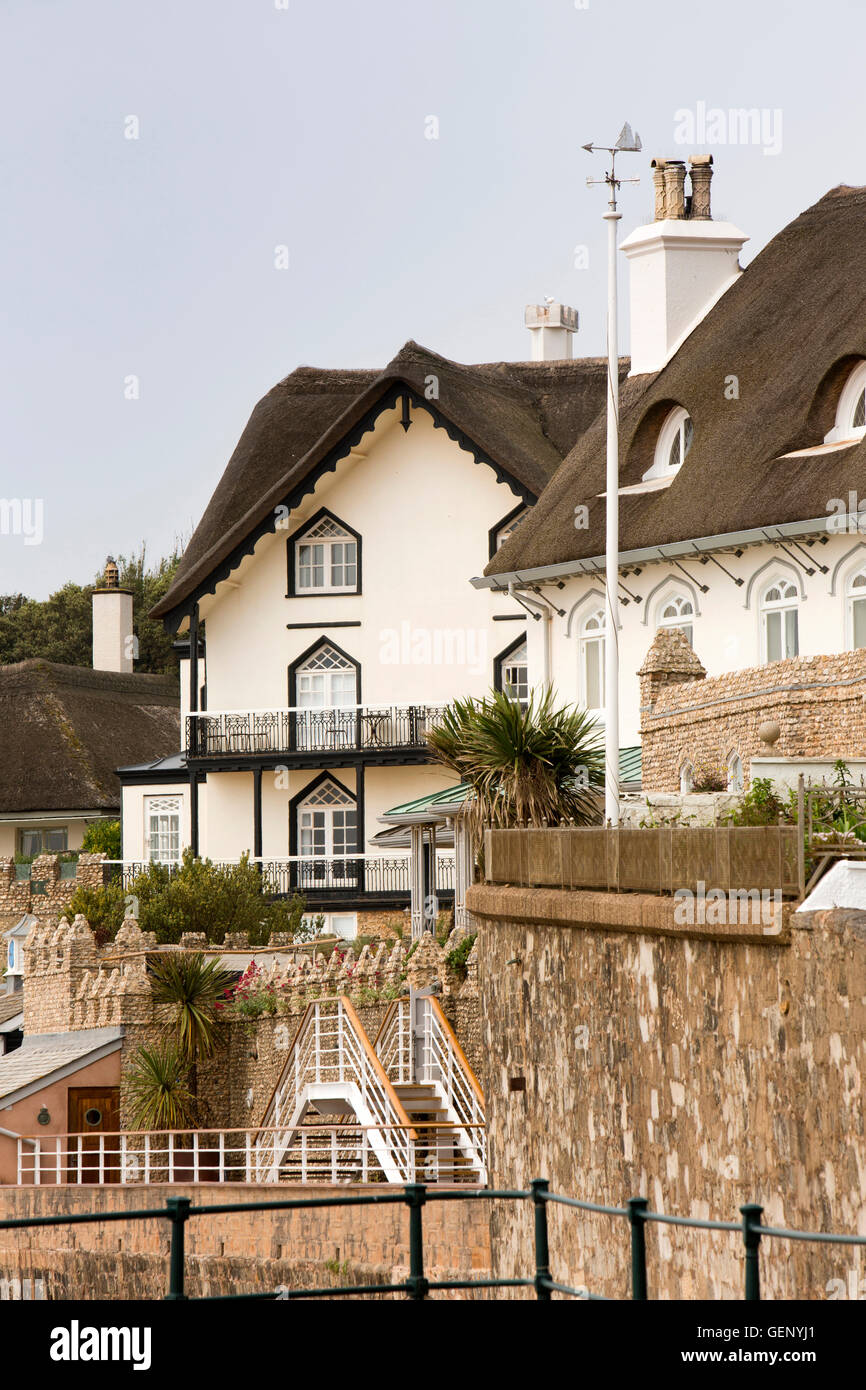 UK, England, Devon, Sidmouth, thatched seafront houses on Peak Hill