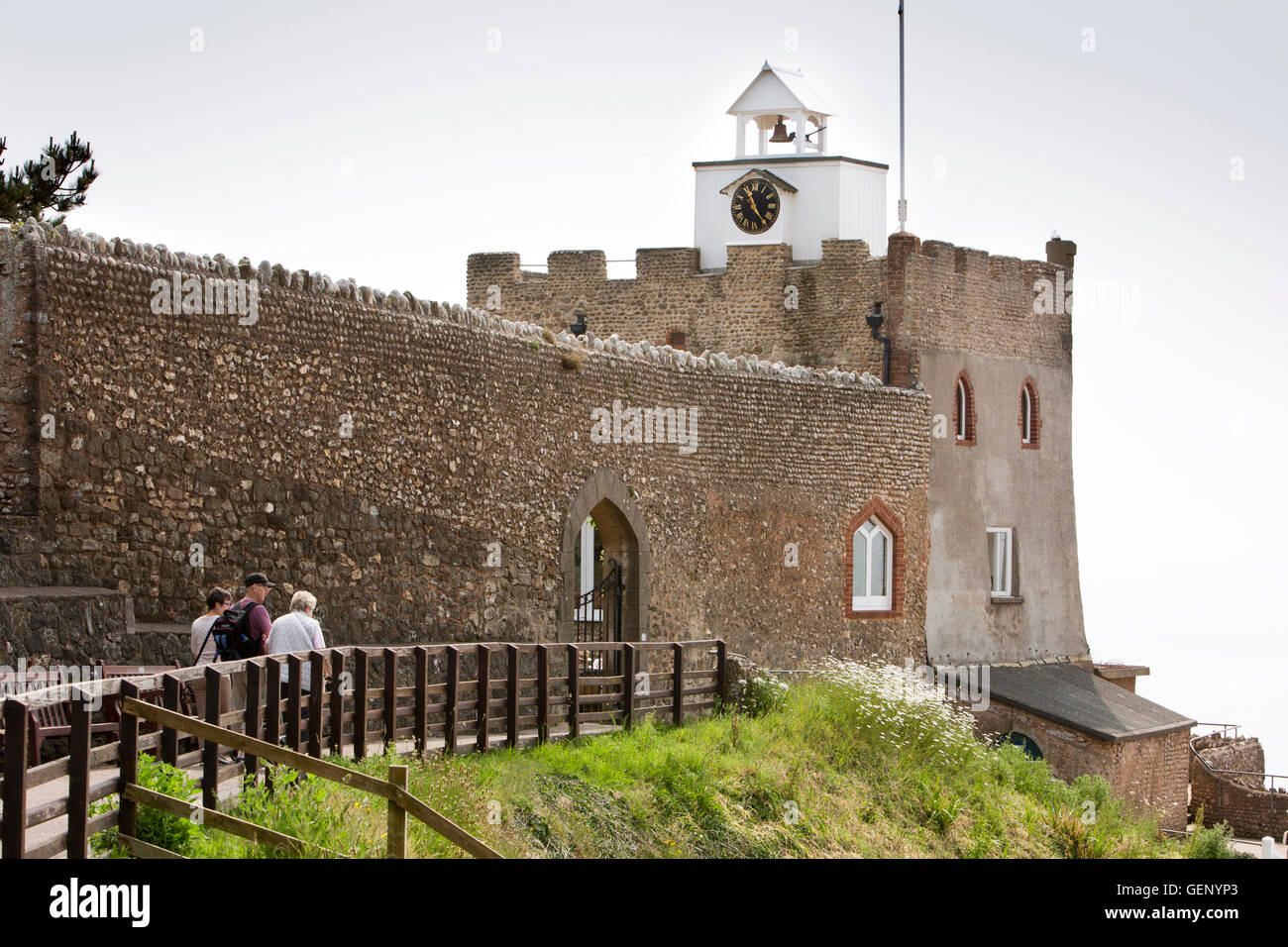 UK, England, Devon, Sidmouth, Jacob’s Ladder Beach, clock tower tea room in former lime kiln Stock Photo