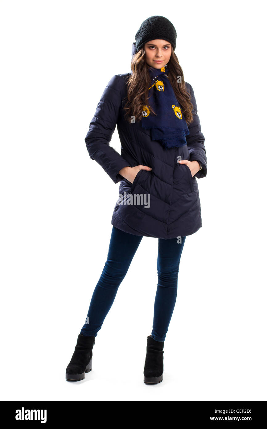 Woman in navy down jacket. Stock Photo