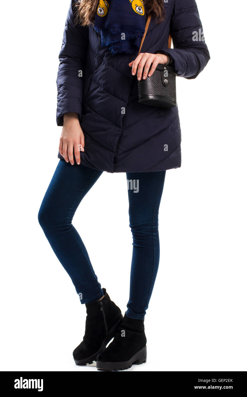 Girl wears navy down jacket Stock Photo Alamy