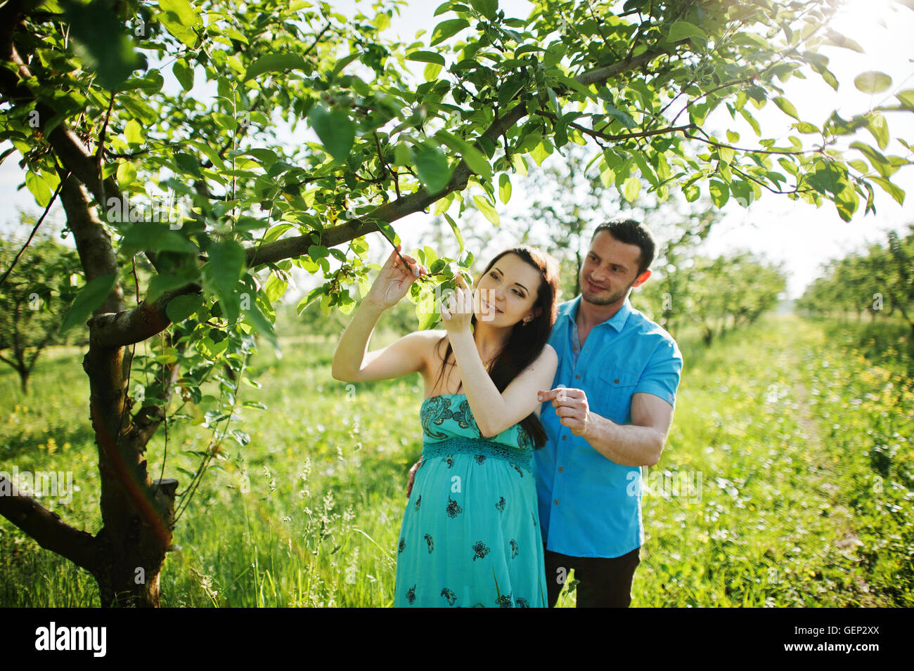 Happy pregnant couple at turquoise dress on the garden Stock Photo - Alamy