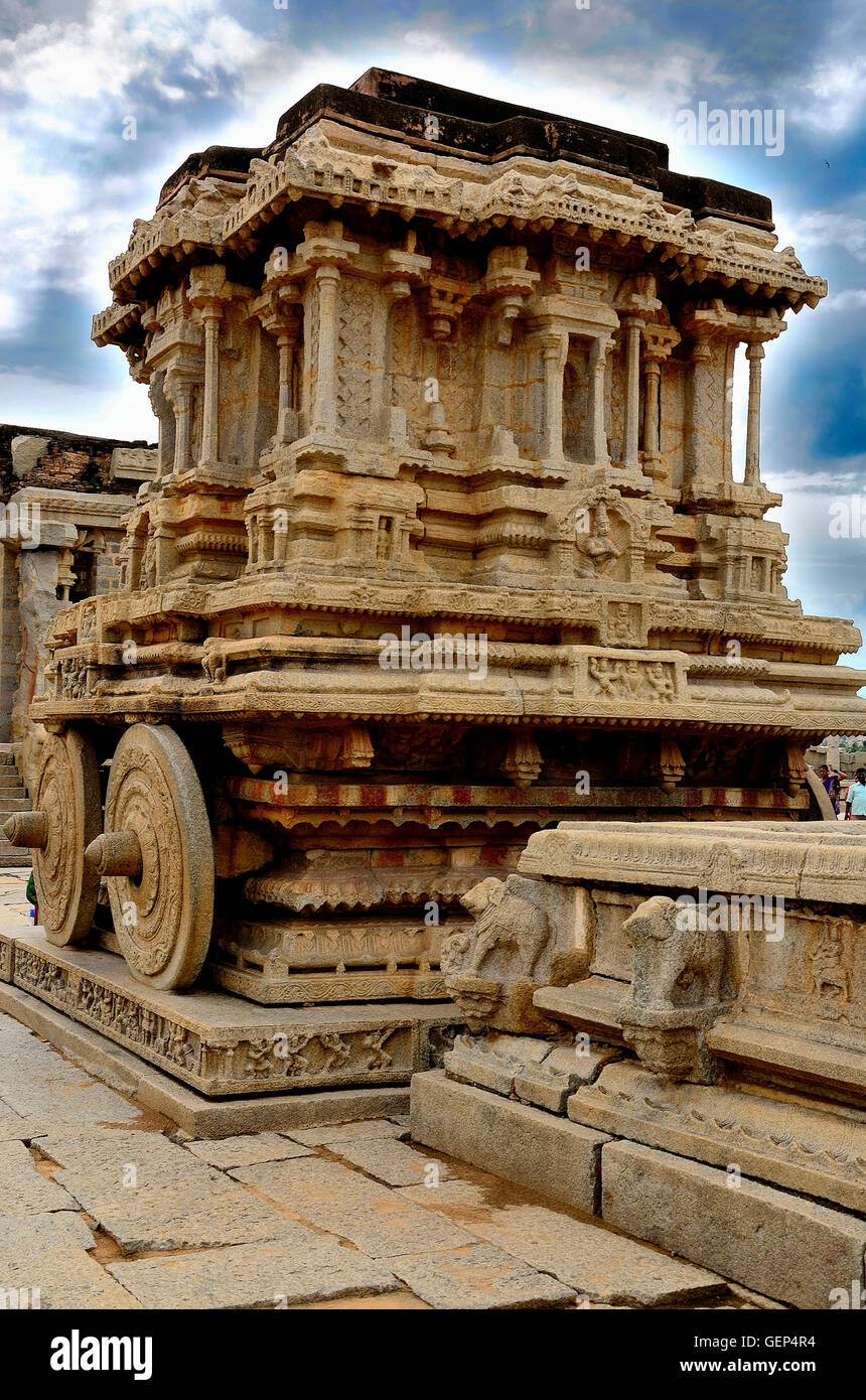 Beautifully carved chariot, Made of a stone, Near Vitthala Temple, Hampi, Karnataka, India Stock Photo