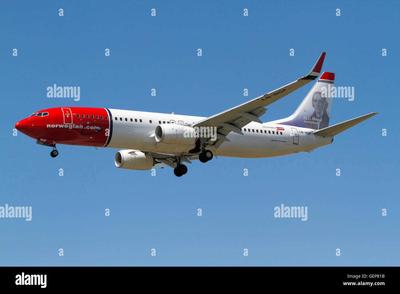 Norwegian, Boeing 737 (Hans Christian Orsted Livery) flight DY3089, LN-NGF, on final approach to Copenhagen from Aalborg Denmark. Airplane. Stock Photo