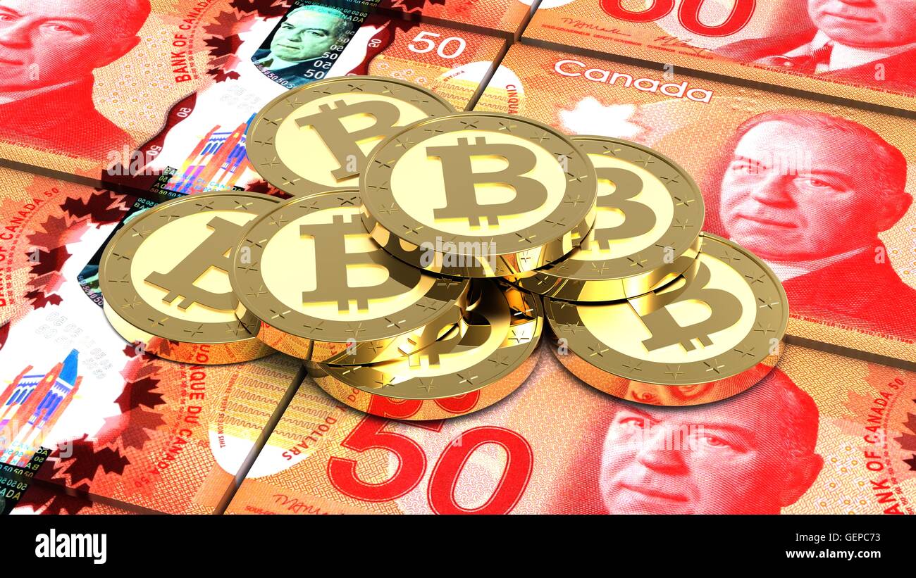 Stack of bitcoins with Canadian dollar bills. 3D illustration Stock Photo -  Alamy