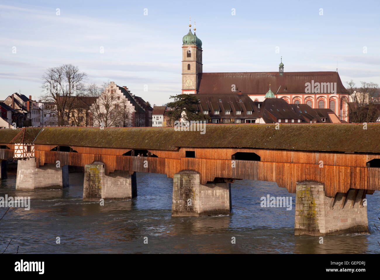 geography / travel, Germany, Baden-Wuerttemberg, Black Forest, High Rhine, Waldshut Administrative district, Bad Saeckingen, spa, Rhine, covered wooden bridge, Fridolinsmuenster (St. Fridolin Minster), Stock Photo