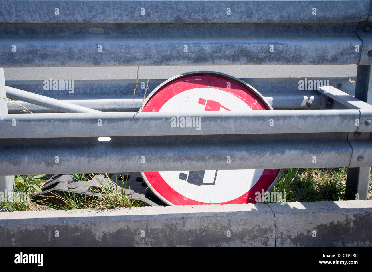 A1 motorway, highway, No overtaking sign, safety crash barrier Stock