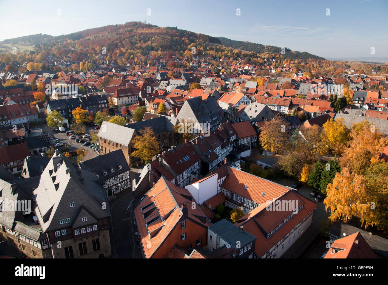 geography / travel, Germany, Lower Saxony, Harz Mountains, Goslar, view from the tower of the market church towards the old town, Stock Photo