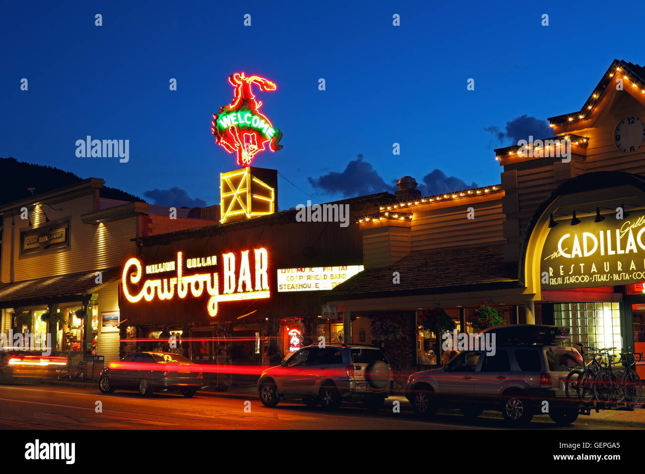 geography / travel, USA, Wyoming, Cowboy Bar at night, Jackson Hole
