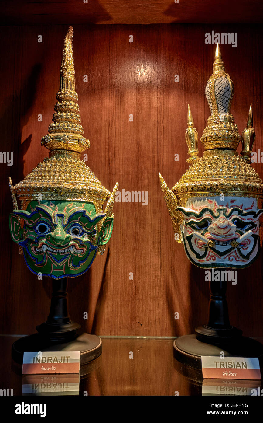 Khon mask museum display. The various Thai actors Khon masks are used in traditional Thailand dance performances. Stock Photo