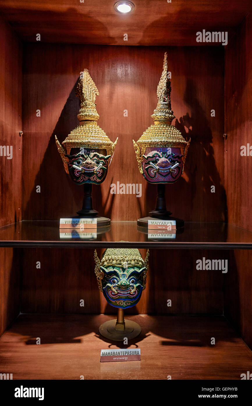 Khon mask museum display. The various Thai actors Khon masks are used in traditional Thailand dance performances. Stock Photo