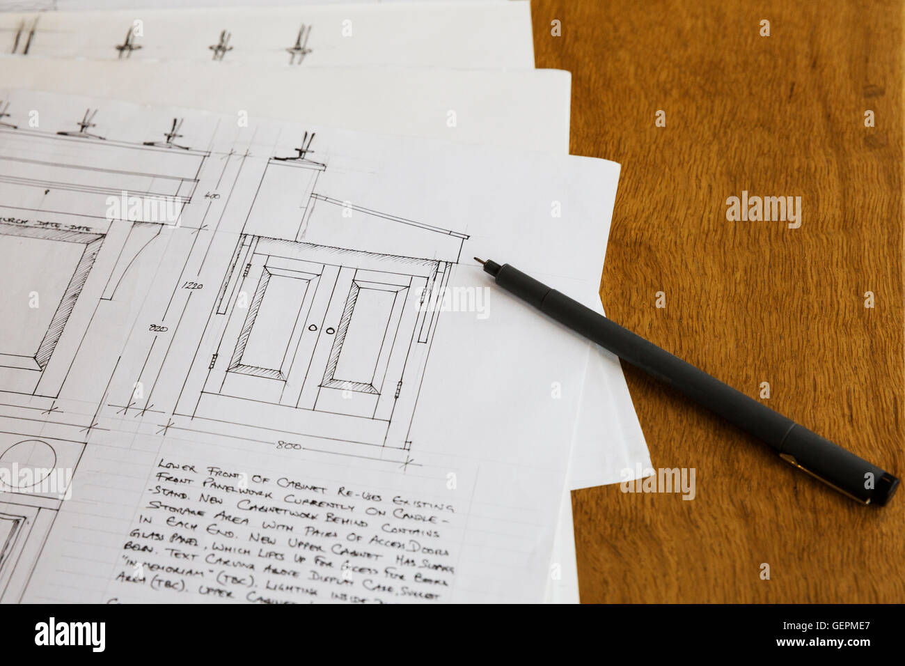 Close up of design drawings for a handwritten notes Stock