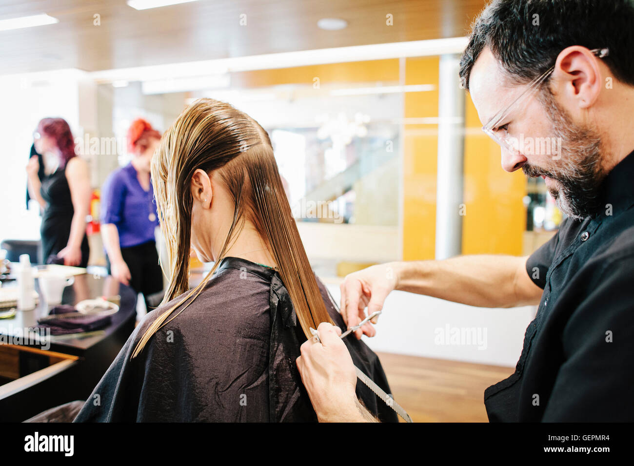 A Hair Stylist With A Client Cutting Her Long Straight Hair Stock