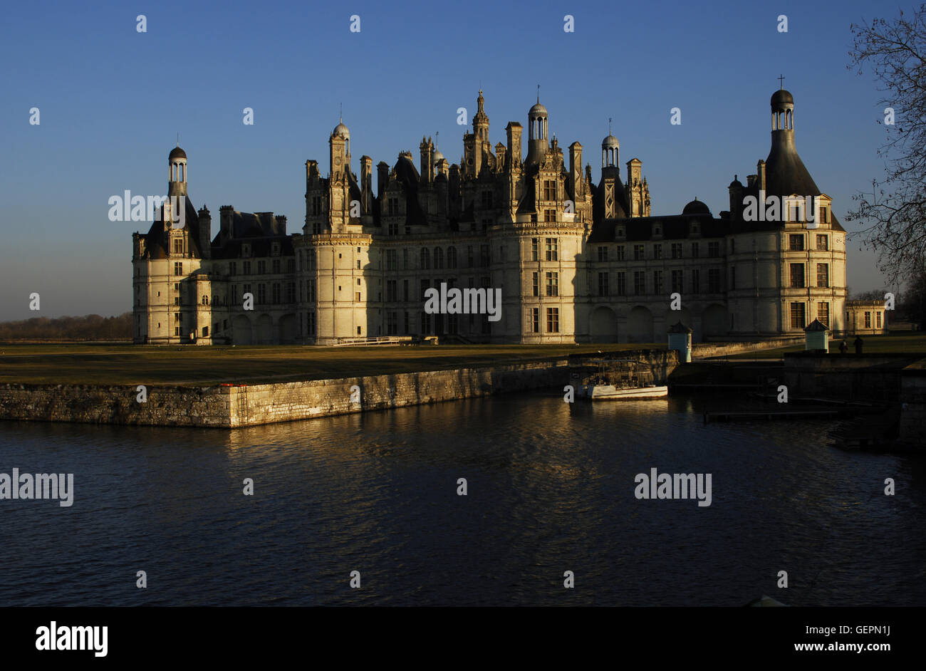 Renaissance Art. France. 16th century. Castle of Chambord. Attributed to Domenico da Cortona  (ca 1465- ca 1549). Built by order of King Francis I between 1519-1539, along the river Closson. Exterior. Northwest façade. Loire Valley. Stock Photo