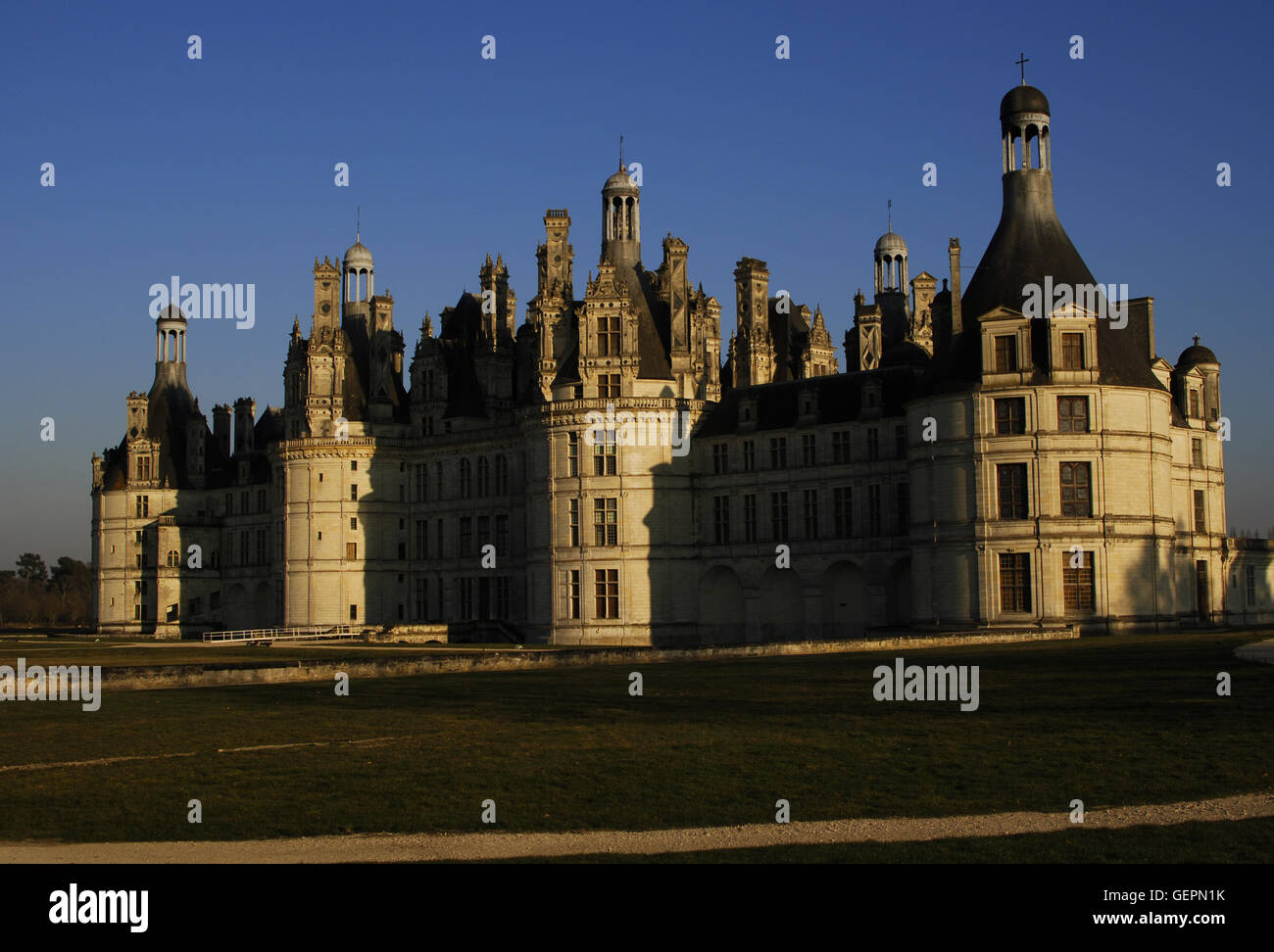 Renaissance Art. France. 16th century. Castle of Chambord. Attributed to Domenico da Cortona  (ca 1465- ca 1549). Built by order of King Francis I between 1519-1539, along the river Closson. Exterior. Northwest façade. Loire Valley. Stock Photo
