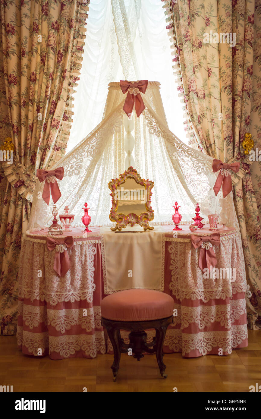 room in pink style of the Grand Menshikov Palace in Lower garden of the Palace and Park ensemble of Oranienbaum in Lomonosov Stock Photo