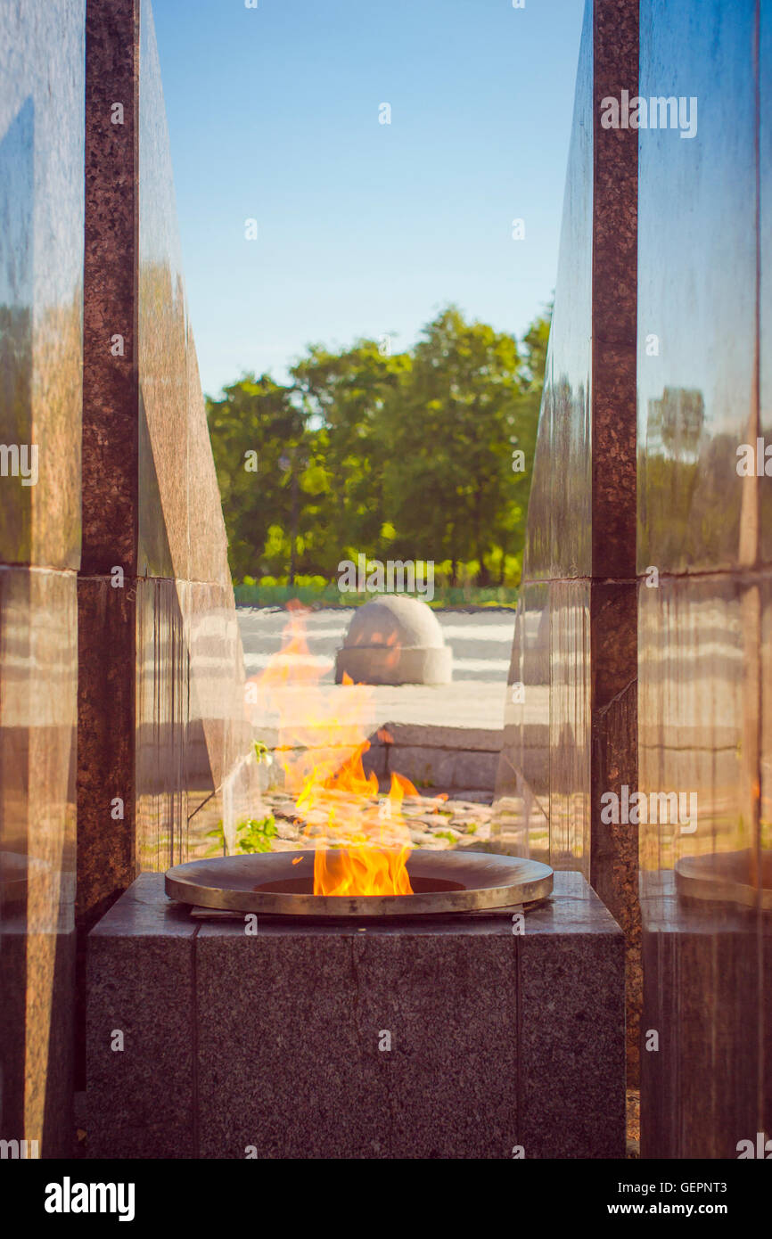 Eternal flame at the Anchor square near the St. Nicholas Naval Cathedral in Kronstadt, Russia Stock Photo