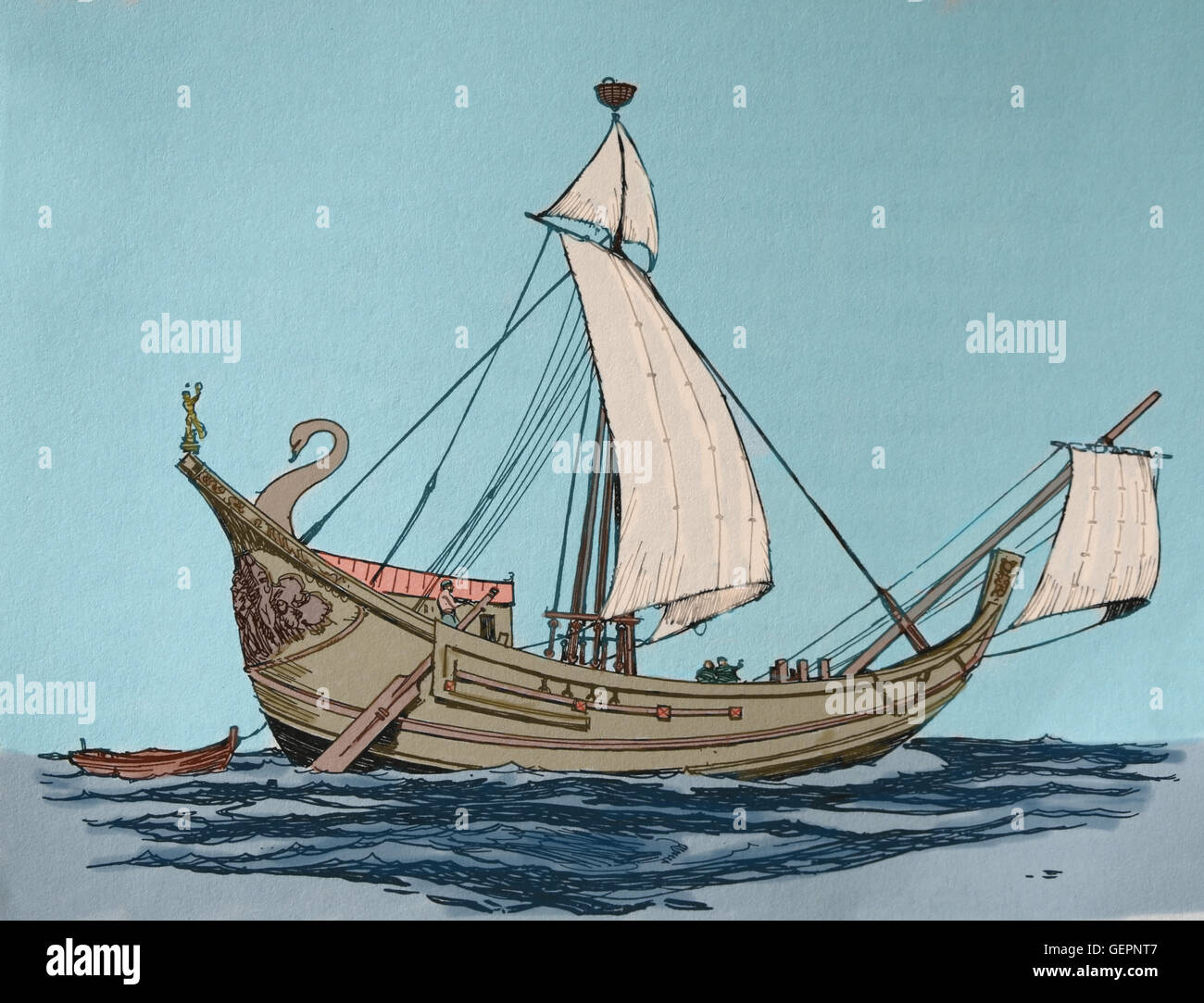 Roman Corbita. Small merchant ship. Engraving, 19th century. Color. Stock Photo