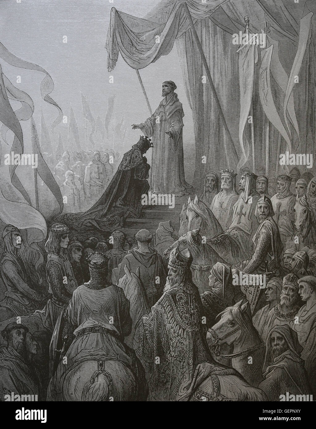 Second Crusade (1147-1149). Louis VII receiving the Cross from St. Bernard of Clairvaux. Engraving by Gustave Dore, 19th century