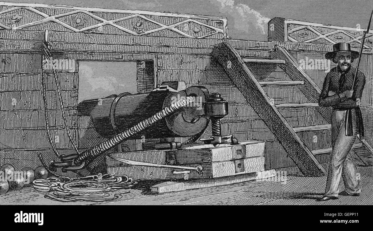 War Ship. Carromade with its carriage. Engraving. 19th century. Iconographic Enclyclopaedia of Science, Literature and Art. Stock Photo