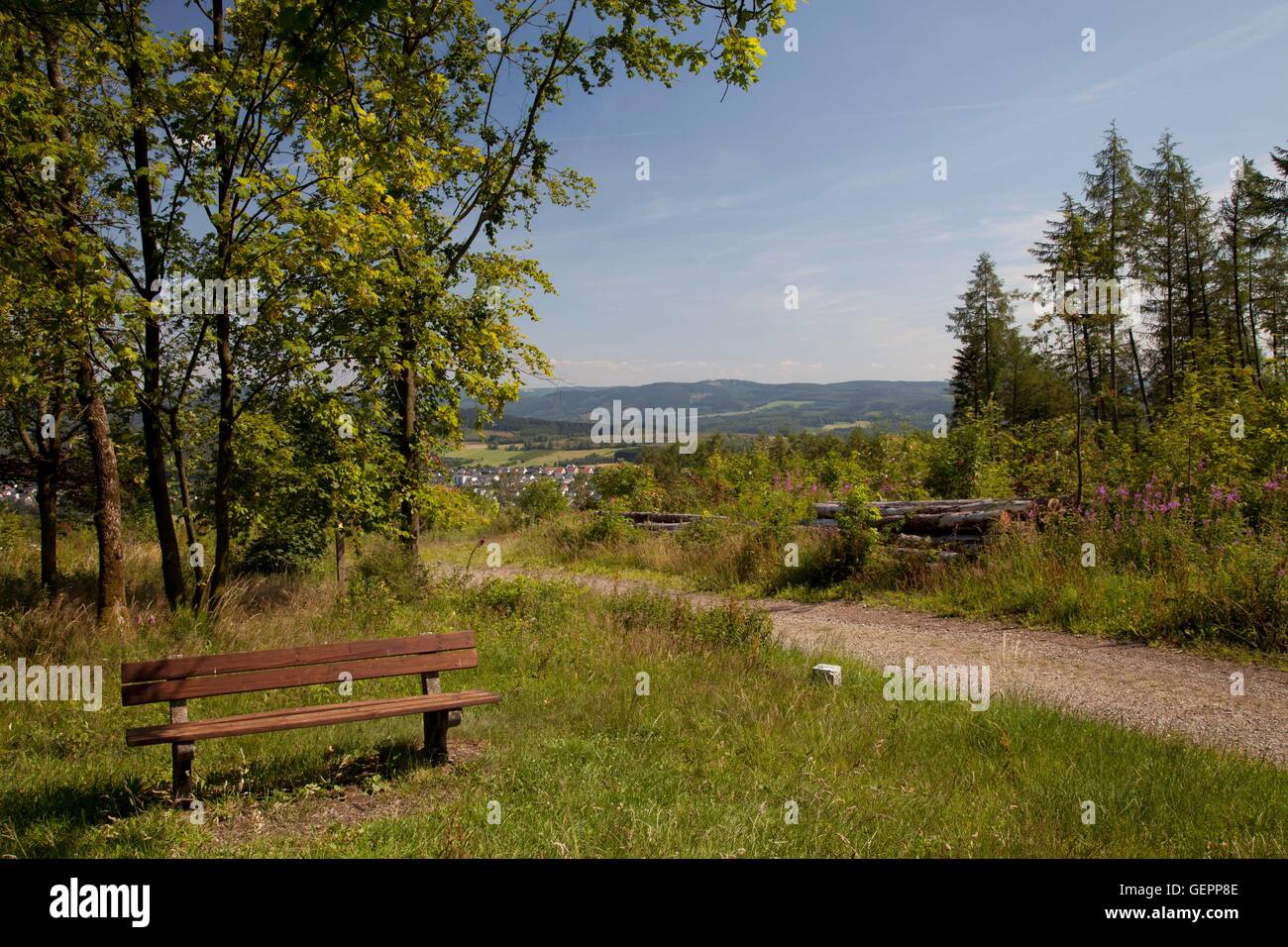 geography / travel, Germany, North Rhine-Westphalia, Sauerland, County of Mark, Neuenrade, Kohlberg, Hoehenflug, hiking trail, Stock Photo