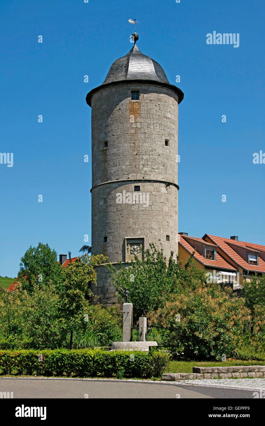 geography / travel, Germany, Bavaria, Eibelstadt, Kere Tower, founded 1573 by dean of the cathedral Richard von der Kere, top floor with flat of the watchman, cellar - dungeon, medieval city fortifications, Stock Photo