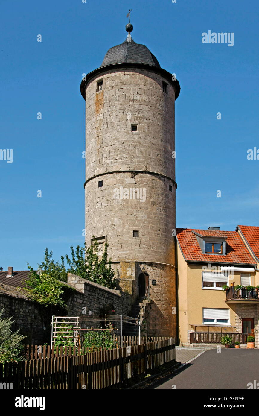 geography / travel, Germany, Bavaria, Eibelstadt, Kere Tower, founded 1573 by dean of the cathedral Richard von der Kere, top floor with flat of the watchman, cellar - dungeon, medieval city fortifications, Stock Photo