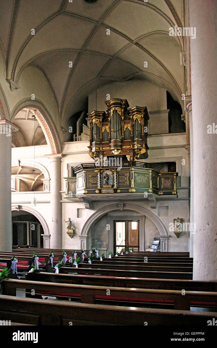 geography / travel, Germany, Bavaria, Eibelstadt, church St. Nicholas, new organs, front pipes and casing by 1680, Stock Photo