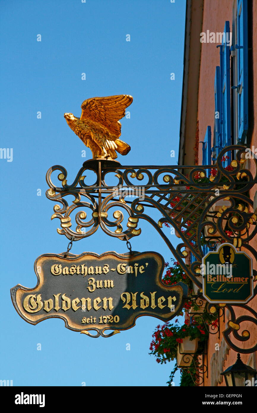 geography / travel, Germany, Rhineland-Palatinate, Freinsheim, signboard of the Cafe 'Zum Goldenen Adler', since 1720, Stock Photo