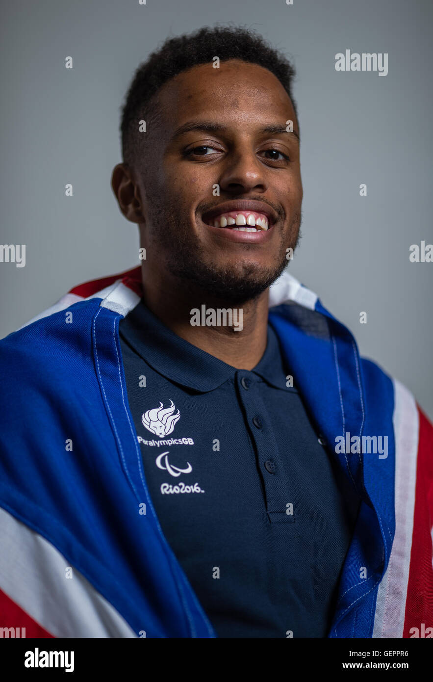 Great Britain's Guide runner Chris Clarke for Libby Clegg (T11 100m & 200m) poses during a ParalympicsGB Athletics team announcement at Deloitte, London. Stock Photo