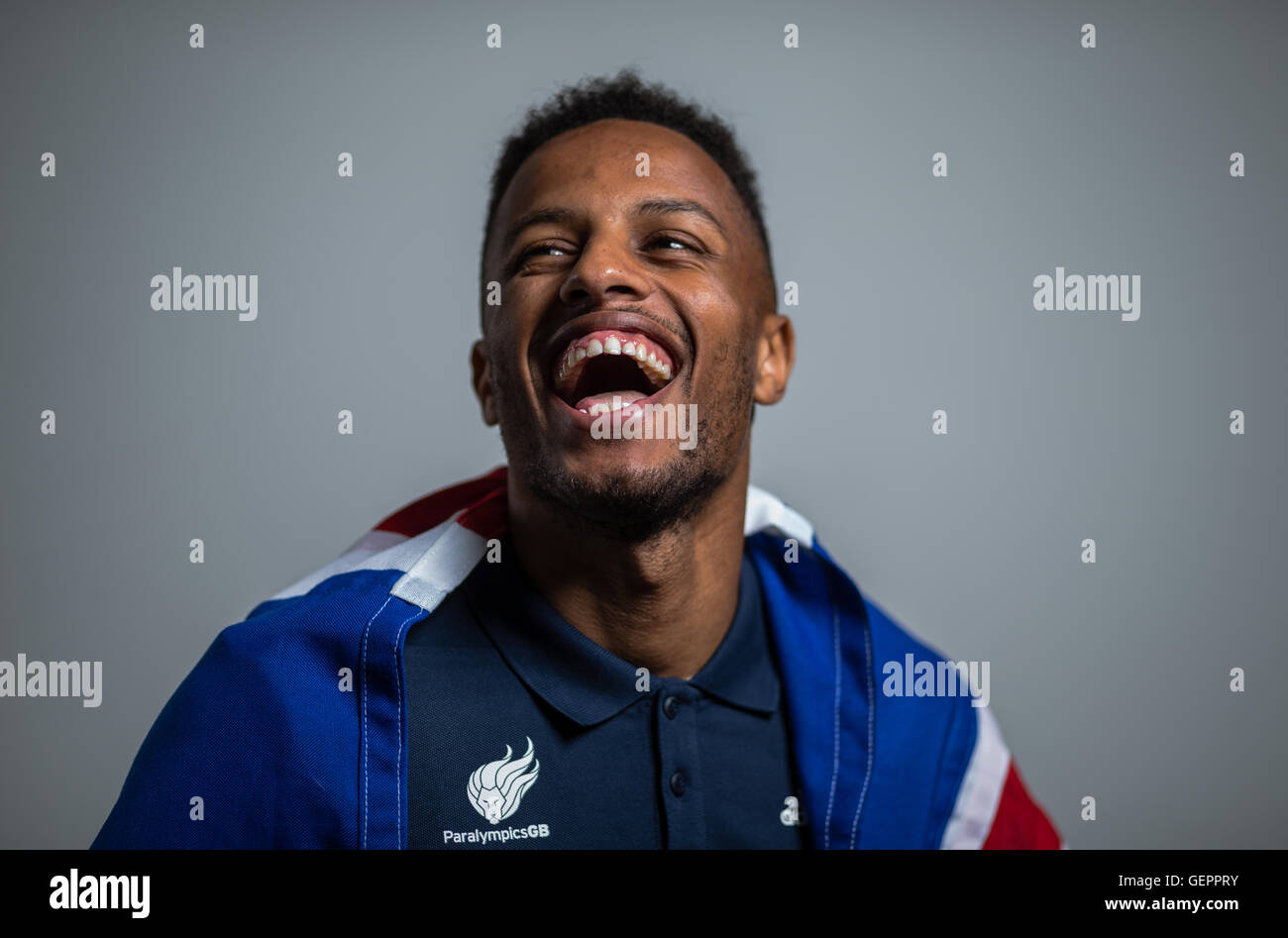 Great Britain's Guide runner Chris Clarke for Libby Clegg (T11 100m & 200m) poses during a ParalympicsGB Athletics team announcement at Deloitte, London. Stock Photo