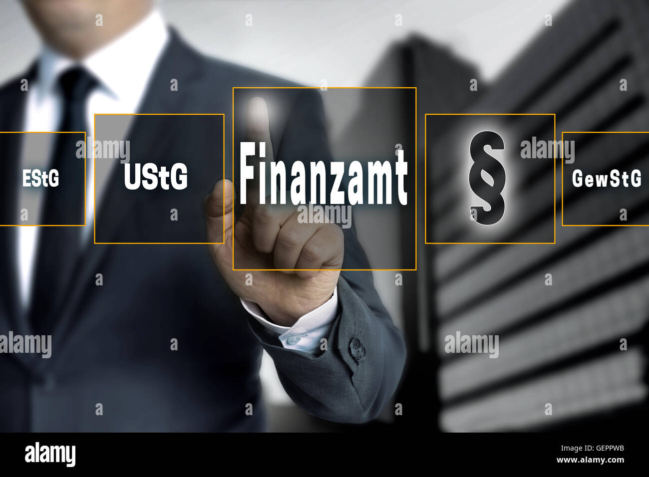 Finanzamt (in german Tax authorities, vat; income, trade tax) touchscreen concept background. Stock Photo