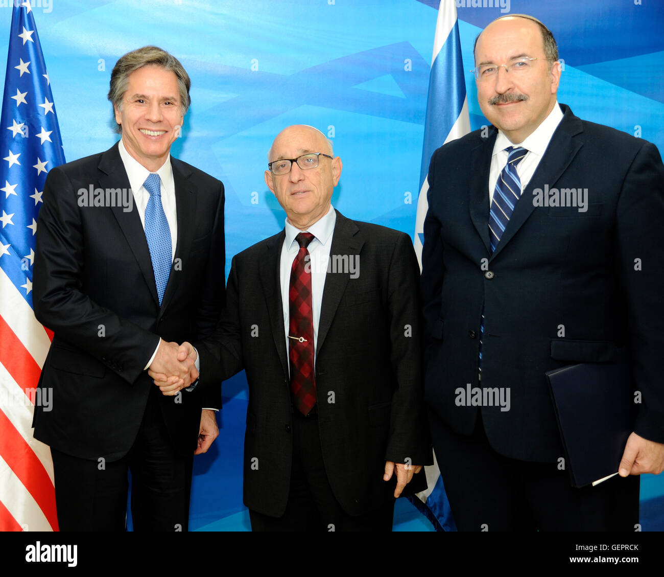 Deputy Secretary Blinken Poses for a Photo With Israeli Acting National Security Advisor Nagel and Director-General of the Ministry of Foreign Affairs Gold at the U.S.-Israel Strategic Dialogue in Jerusalem Stock Photo