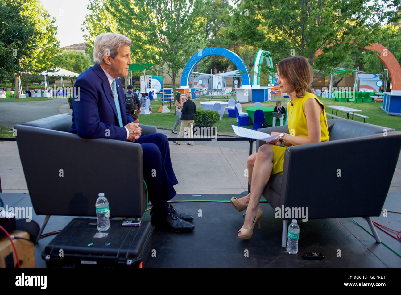 Emily Chang of Bloomberg West Interviews Secretary Kerry at the Beginning of the Global Entrepreneurship Summit in Palo Alto Stock Photo