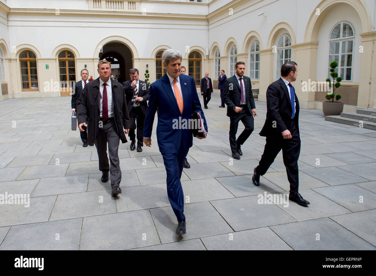 Secretary John Kerry Enters the Palais Niederosterreich Hotel in Vienna Stock Photo