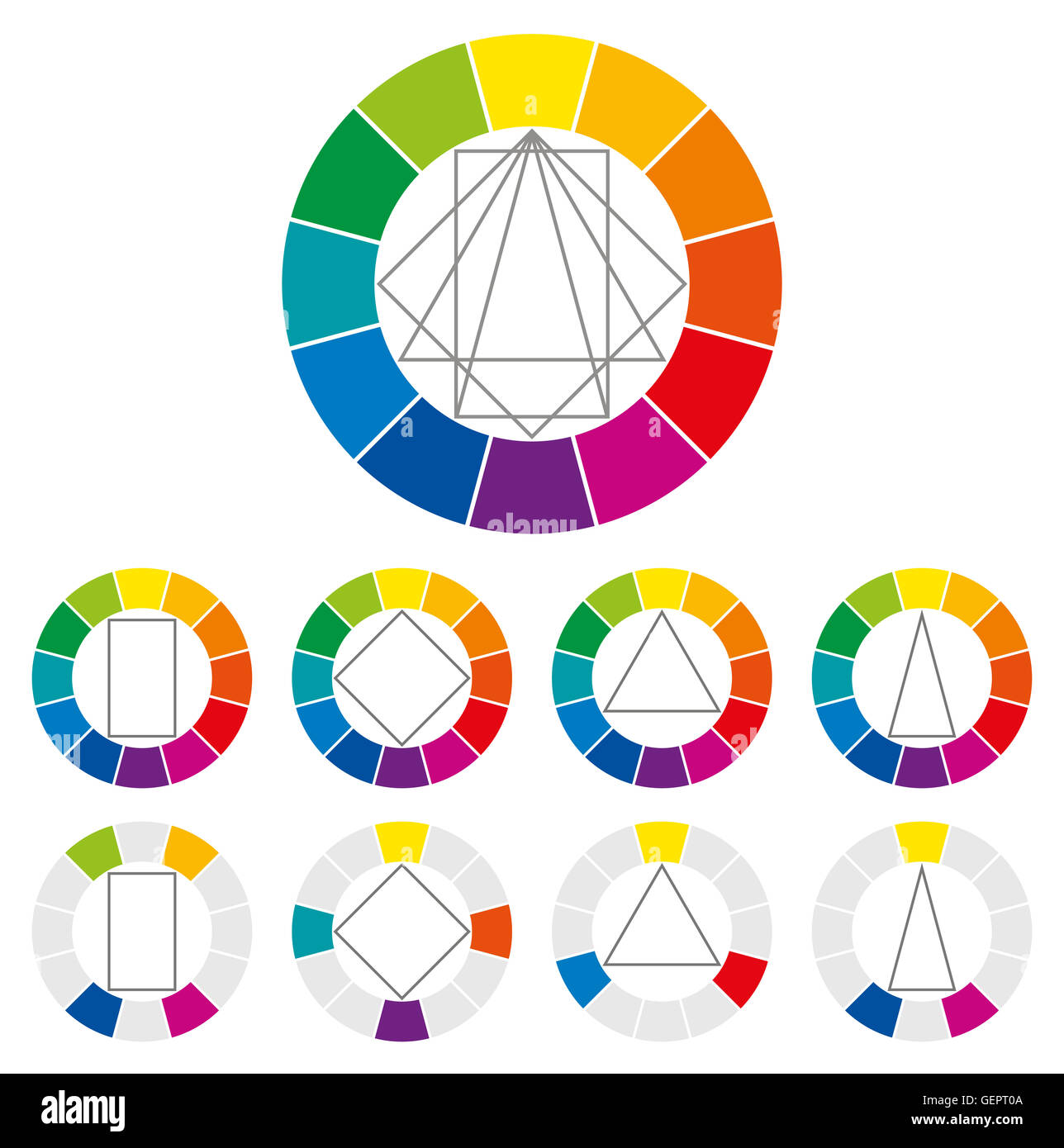 Color wheel with four different geometric forms that can be turned around in the circle to show possible harmonic combinations. Stock Photo
