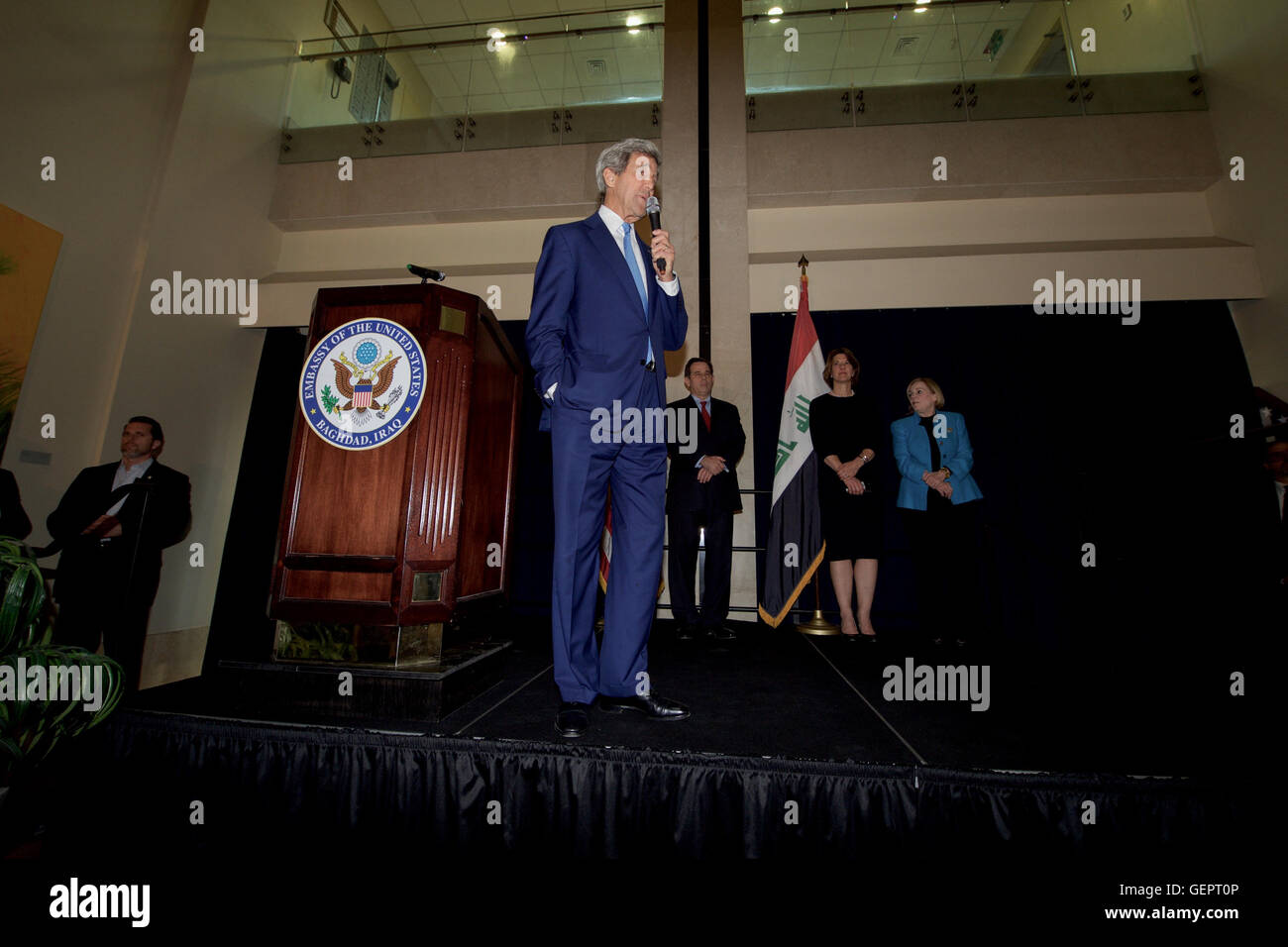 Secretary Kerry Addresses Staff and Family Members at the U.S. Embassy in Baghdad, Iraq Stock Photo