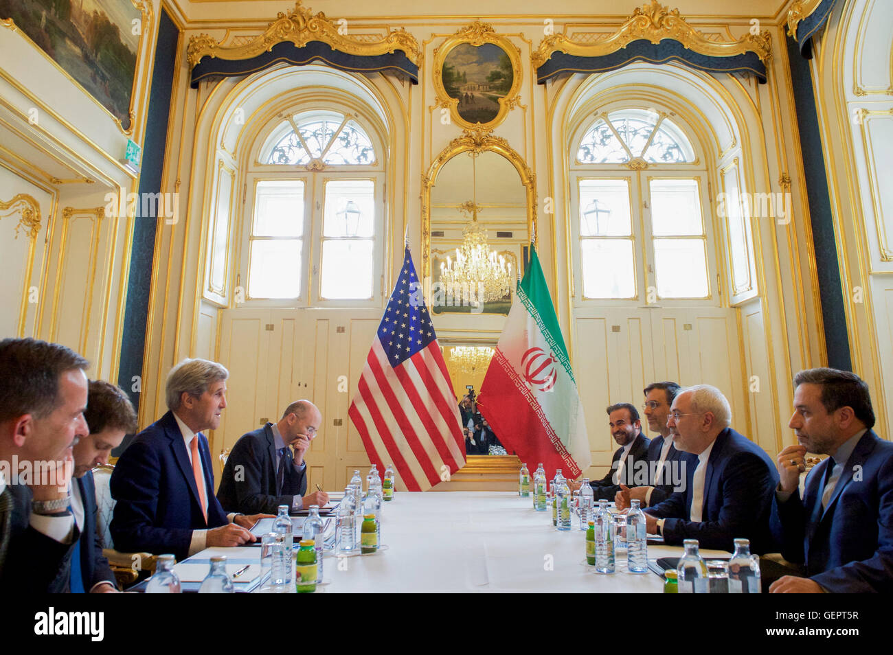 Secretary Kerry and Iranian Foreign Minister Zarif Meet in Vienna to Discuss Implementation of the Joint Comprehensive Plan of Action Stock Photo