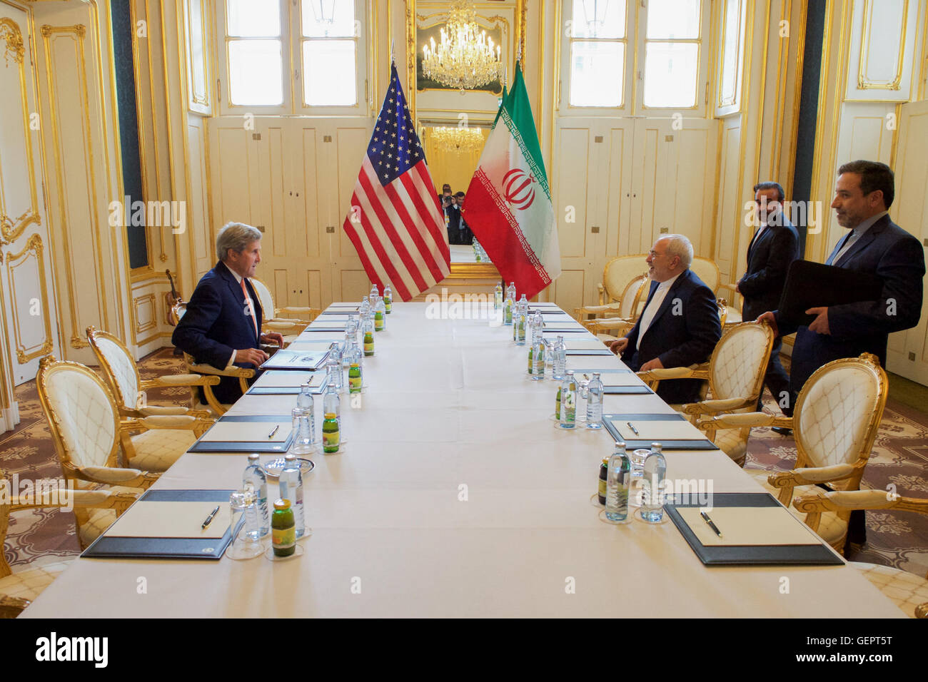 Secretary Kerry and Iranian Foreign Minister Zarif Share a Laugh Before Their Meeting in Vienna Stock Photo