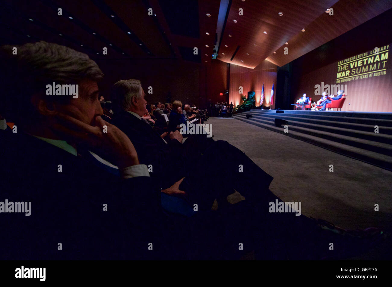 Secretary Kerry and State Department Senior Adviser Thorne Listen to a Panel About an Upcoming Retrospective on the Vietnam War by Historian and Filmmaker Ken Burns During the Vietnam War Summit in Austin Stock Photo