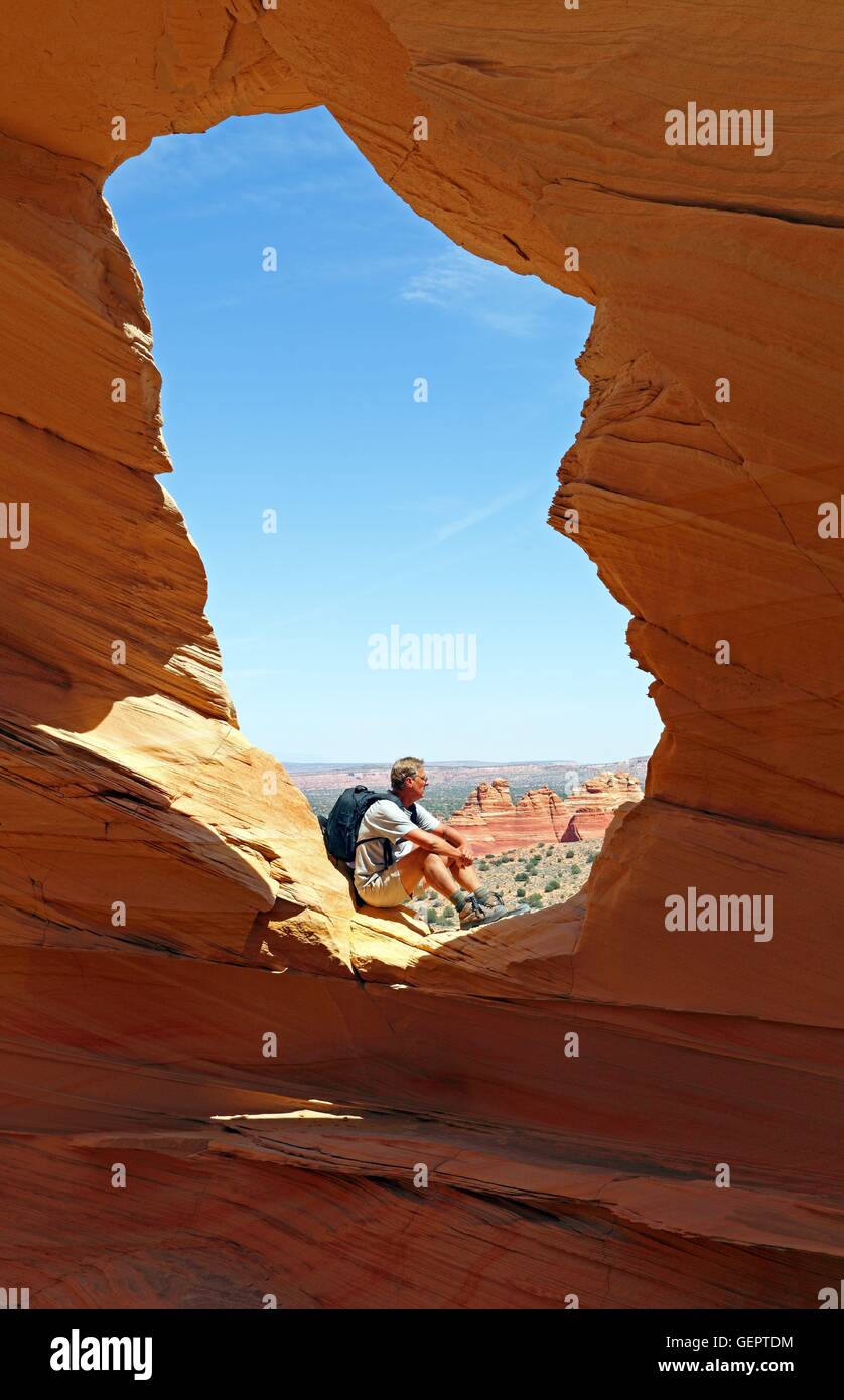 geography / travel, USA, Arizona, hiker at Melody Arch, Coyote Butte North, Vermillion Cliffs Wilderness, Stock Photo