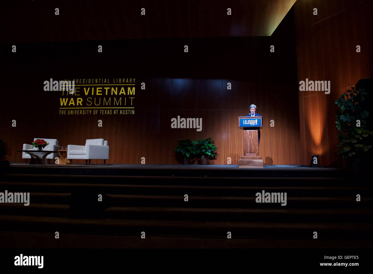 Secretary Kerry Delivers a Speech About the Past and Future of the U.S.-Vietnam Relationship at the Vietnam War Summit at the LBJ Presidential Library in Austin Stock Photo