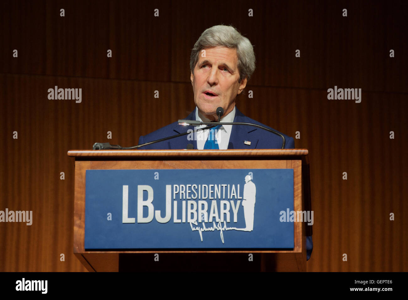 Secretary Kerry Delivers a Speech About the Past and Future of the U.S.-Vietnam Relationship at the Vietnam War Summit at the LBJ Presidential Library in Austin Stock Photo