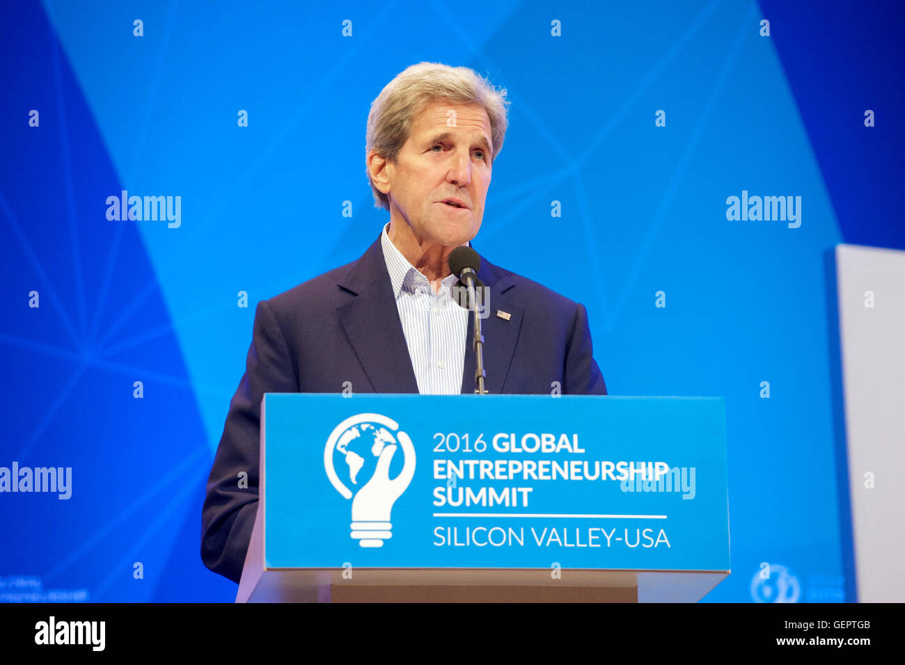 Secretary Kerry Delivers Remarks at the Opening Plenary of the 2016 Global Entrepreneurship Summit in Palo Alto Stock Photo